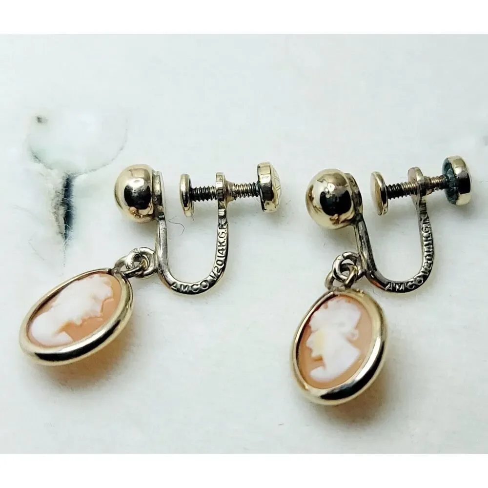 VINTAGE AMCO JEWELS 14K GOLD OVERLAY GEUINE CAMEO PENDANT SCREW BACK EARRING SET